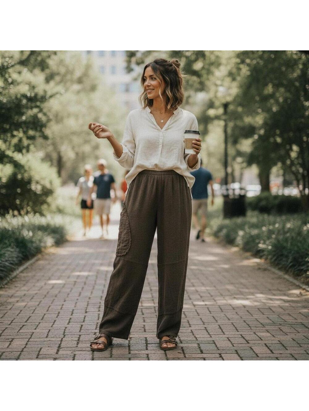 Boho Chic Minimalist Brown Patchwork 100% Cotton Wide Leg Pants Size S Earthy